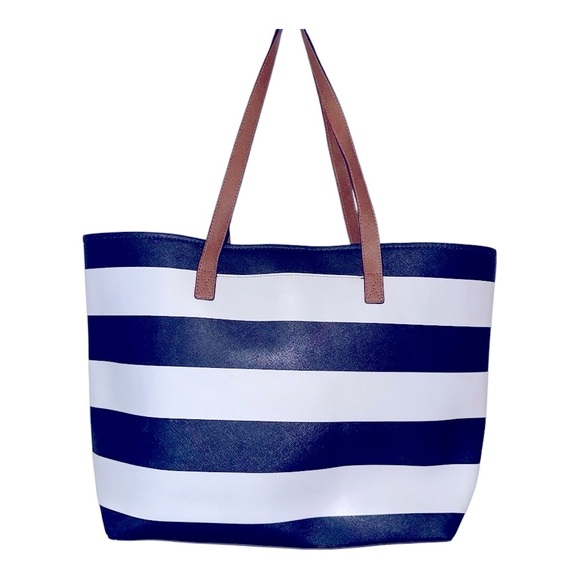 EUC MICHAEL Michael Kors Navy and White Striped Tote with Brown Handles - Picture 3 of 4